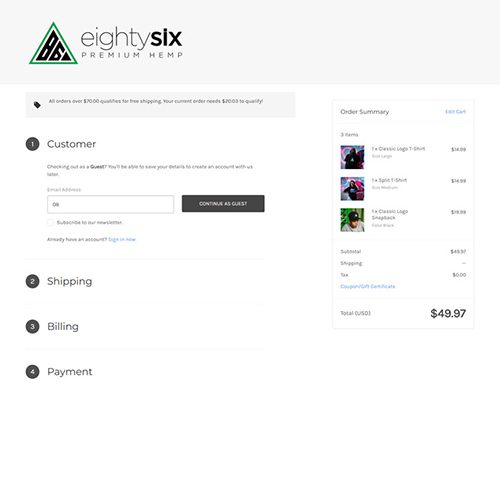 Checkout page as seen on Eighty Six Brand’s website